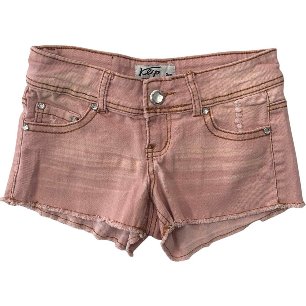 Y2K Klip micro mini Jean shorts sz 3 raw hem rose bedazzled retro glam festival